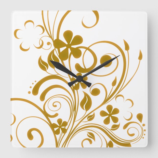 Old Gold Floral Swirl Square Wall Clock (Front)
