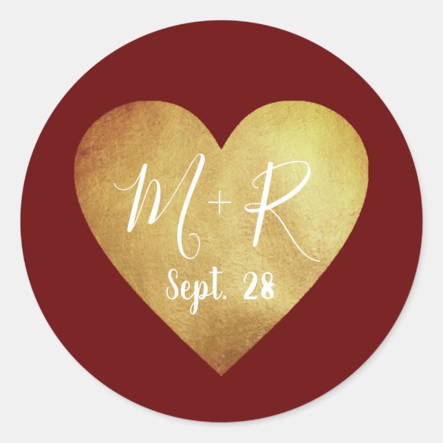 old gold love heart with script initials wed classic round sticker (Front)