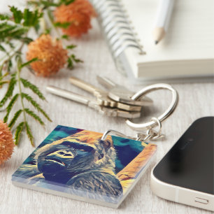 Old Gorilla Original Abstract jungle animal Art  Key Ring
