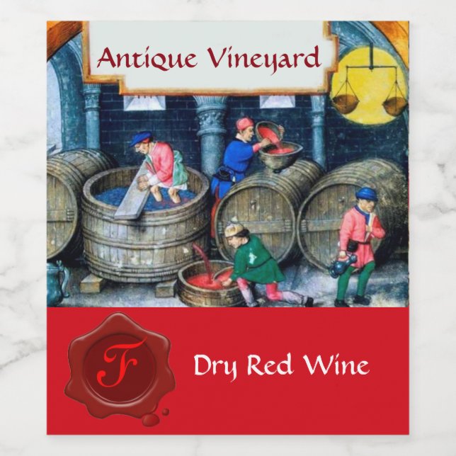 OLD GRAPE VINEYARD WINE BARRELS WAX SEAL MONOGRAM WINE LABEL (Single Label)