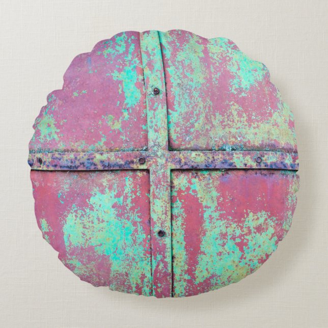 Old green painted wall with rust texture. Grunge r Round Cushion (Front)