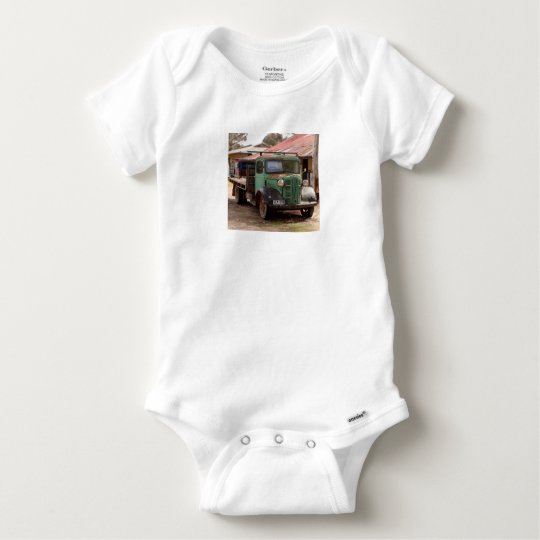 Old green truck baby onesie