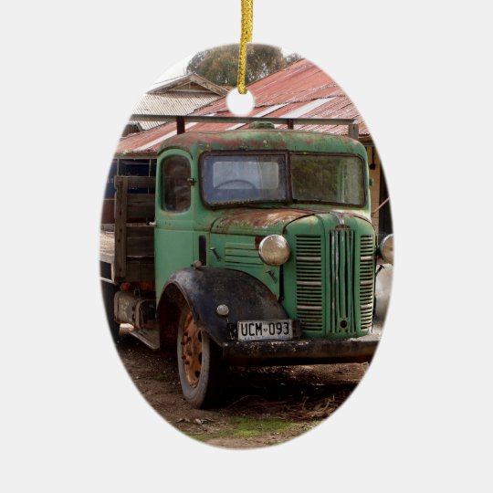 Old green truck ceramic ornament