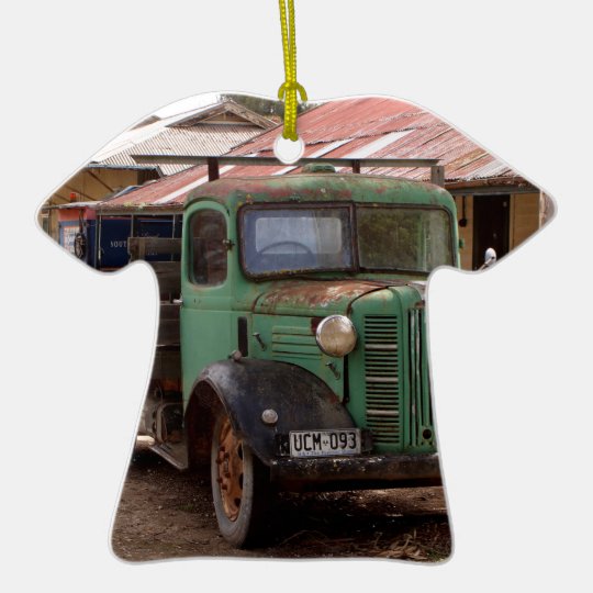 Old green truck ceramic ornament