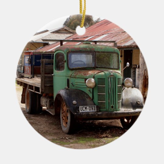 Old green truck ceramic ornament