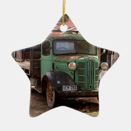 Old green truck ceramic ornament