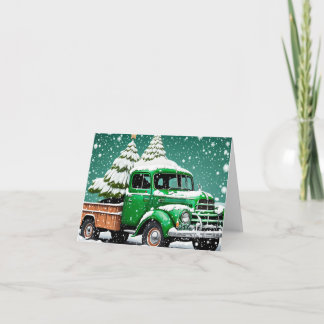 Old Green Truck with Christmas Tree in the back. Note Card
