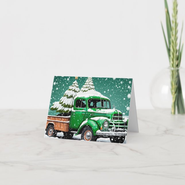 Old Green Truck with Christmas Tree in the back. Note Card (Front)