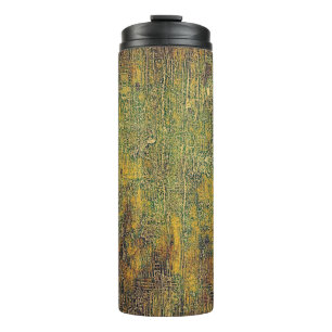 Old grunge background or aged shabby texture with thermal tumbler