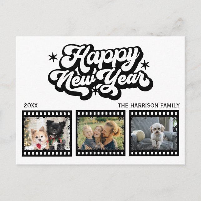 Old Grunge Film Three Photos New Year Postcard (Front)