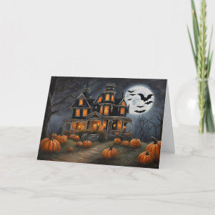Old Halloween House and Pumpkins  Holiday Card