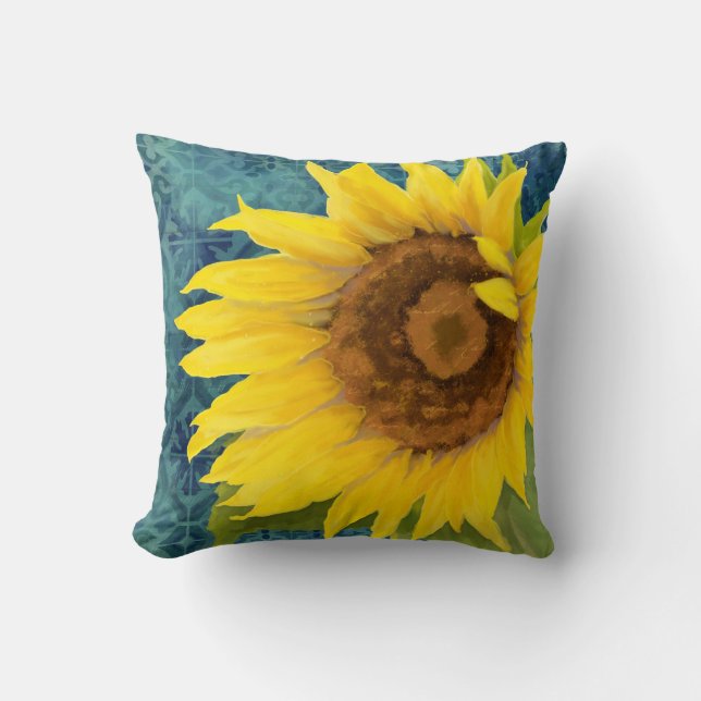 Old Havana Sunflower Floral Blue Tile Pattern Art Cushion (Front)