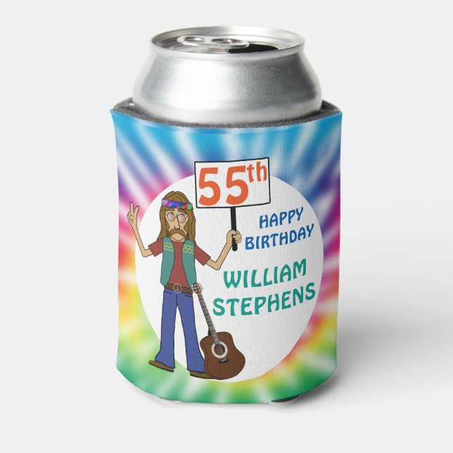 Old Hippie Hippy Tie Dye 55th Birthday Party Can Cooler (Can Back)