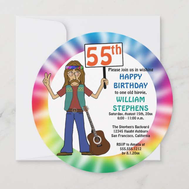 Old Hippie Hippy Tie Dye 55th Birthday Party Invitation (Front)
