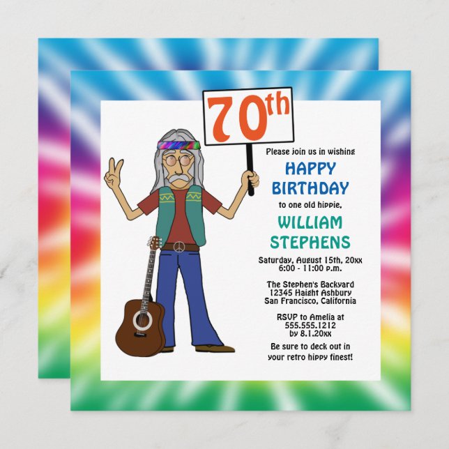 Old Hippie Hippy Tie Dye 70th Birthday Party Invit Invitation (Front/Back)