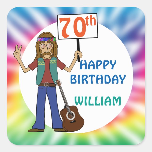 Old Hippie Hippy Tie Dye 70th Birthday Party Square Sticker (Front)
