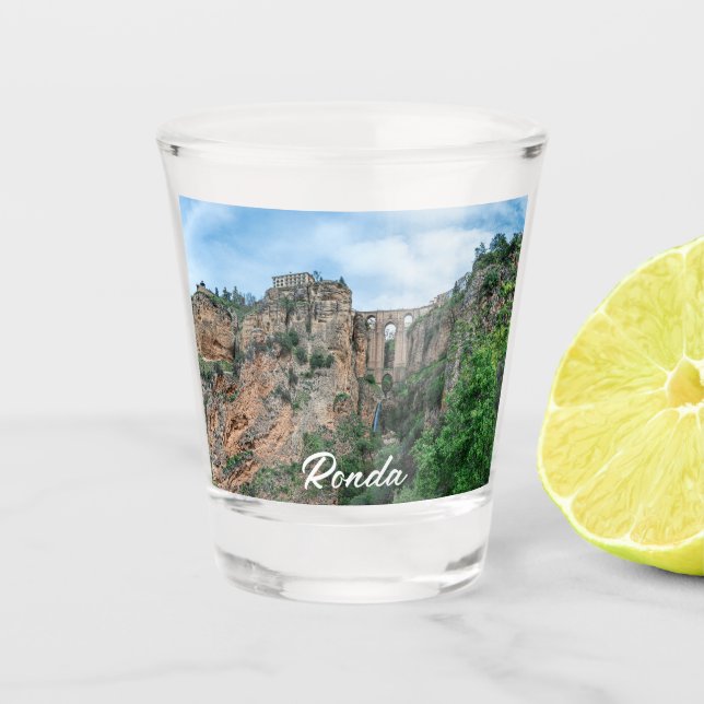 Old historic bridge in Ronda, Spain Shot Glass (Front)