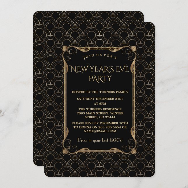 Old Hollywood Black Great Gatsby New Year Party Invitation (Front/Back)