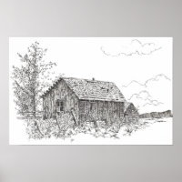 Old House Black White Ink Pen Drawing