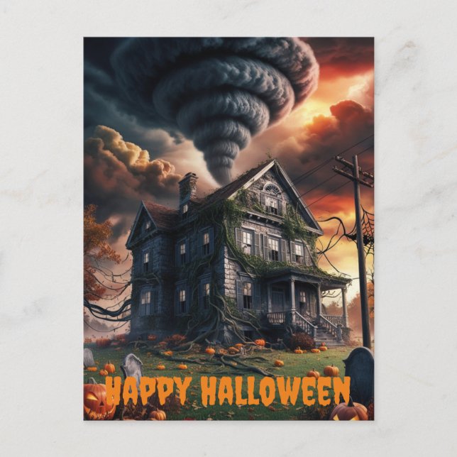 old house in tornado halloween themed postcard (Front)