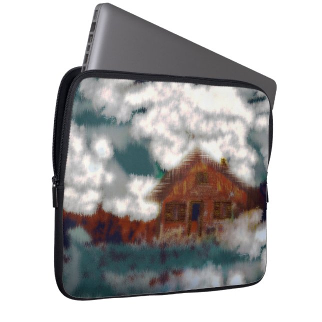 Old house under showy clouds with scratched effect laptop sleeve (Front Right)