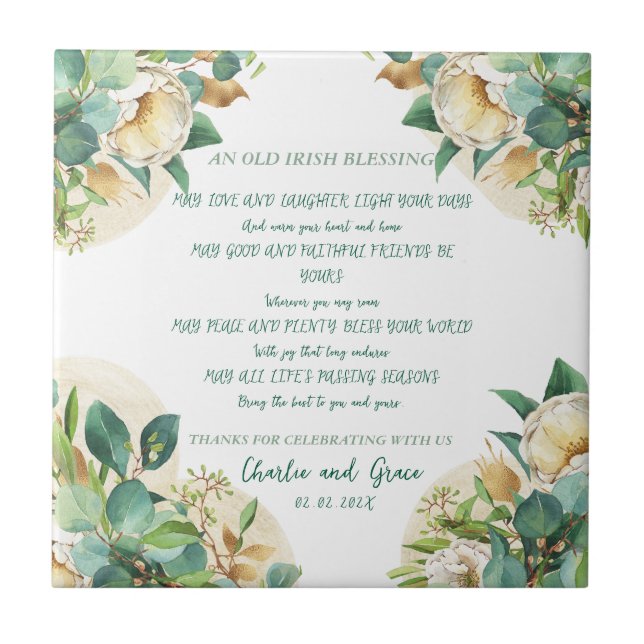 Old Irish Blessing on Gold Dust and Roses Ceramic Tile (Front)