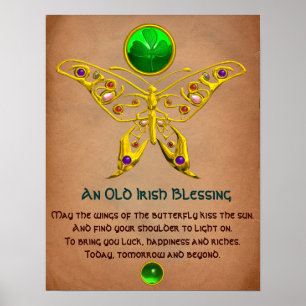 Old Irish Blessing Parchment with Gold Butterfly Poster