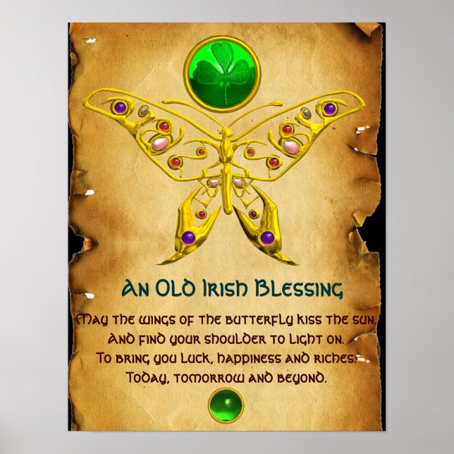 Old Irish Blessing Parchment with Gold Butterfly Poster (Front)
