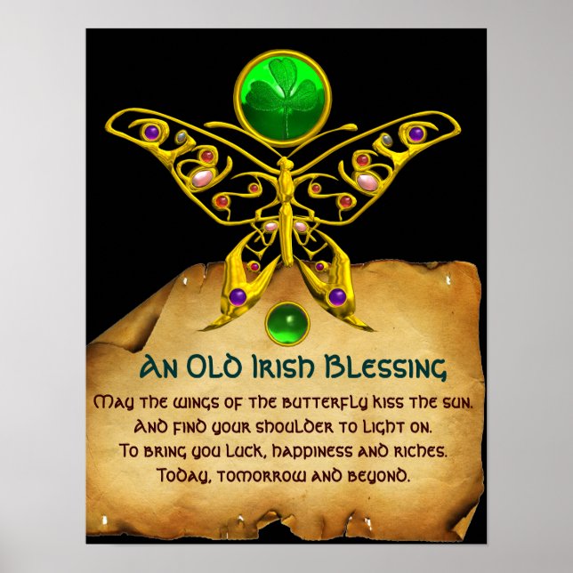 Old Irish Blessing Parchment with Gold Butterfly Poster (Front)
