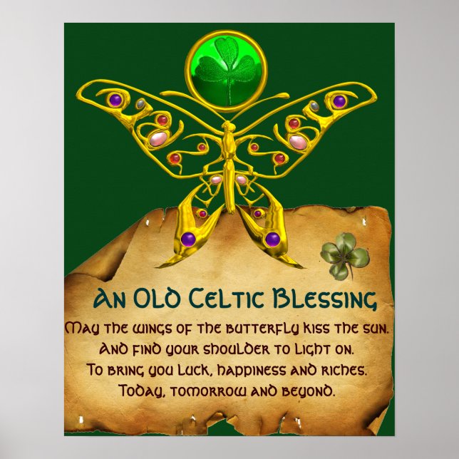 Old Irish Blessing Parchment with Gold Butterfly Poster (Front)