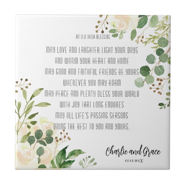 Old Irish Blessing & Wedding Greenery  Ceramic Tile (Front)