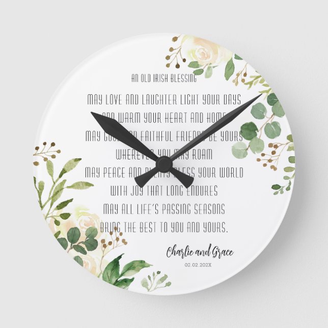 Old Irish Blessing & Wedding Greenery  Round Clock (Front)
