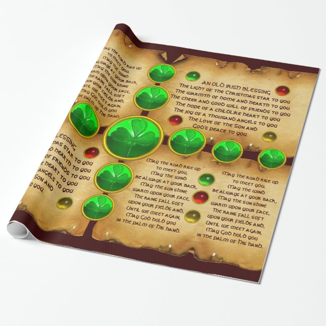 Old Irish Christmas Blessing Parchment ,Shamrocks Wrapping Paper (Unrolled)