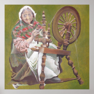 Old Irish Woman Sitting At A Spinning Wheel Poster