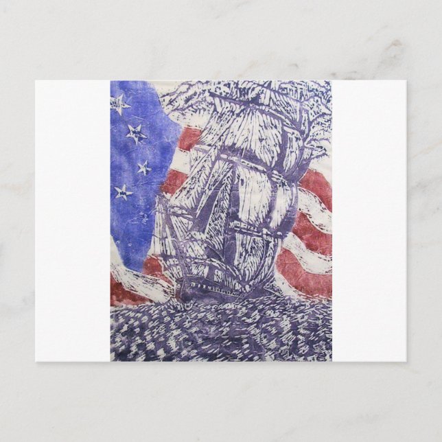old ironsides woodcut print postcard (Front)