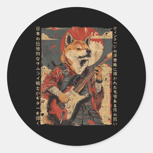 Old Japanese Artwork Samurai Dog Playing The Elect Classic Round Sticker (Front)