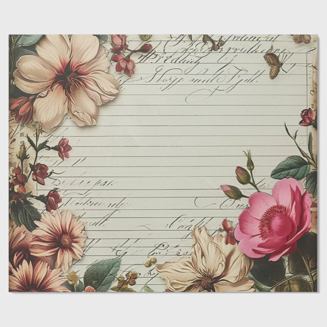 Old Junk Journal Flower Letters Wrapping Paper (Flat)