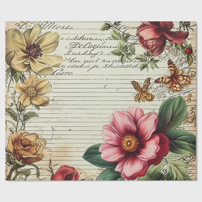 Old Junk Journal Flower Letters Wrapping Paper (Flat)