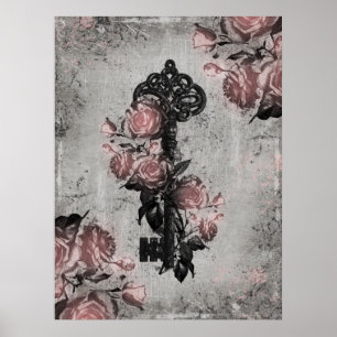 Old Key and Roses Poster