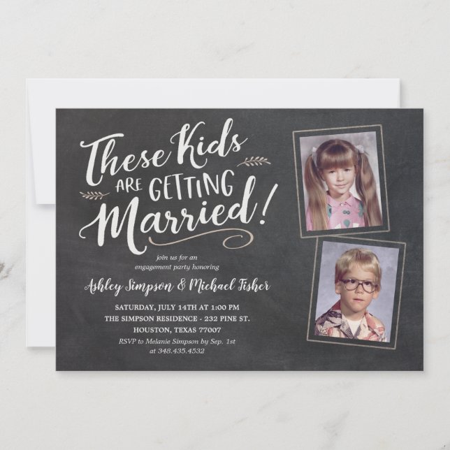 Old Kids Photos Engagement Party Hand Lettering In Invitation (Front)