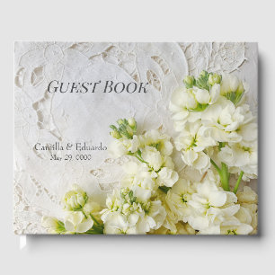 Old lace with white flowers wedding guest book