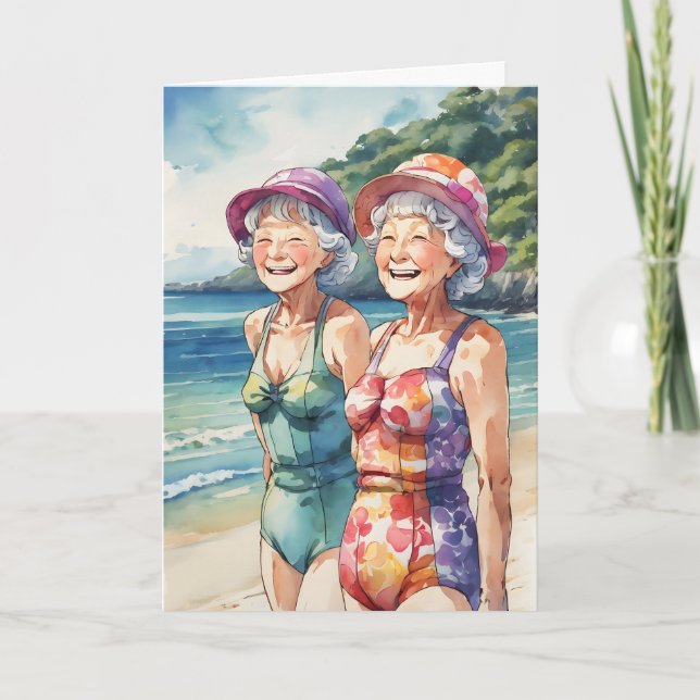 Old Ladies On The Beach Birthday Card (Front)