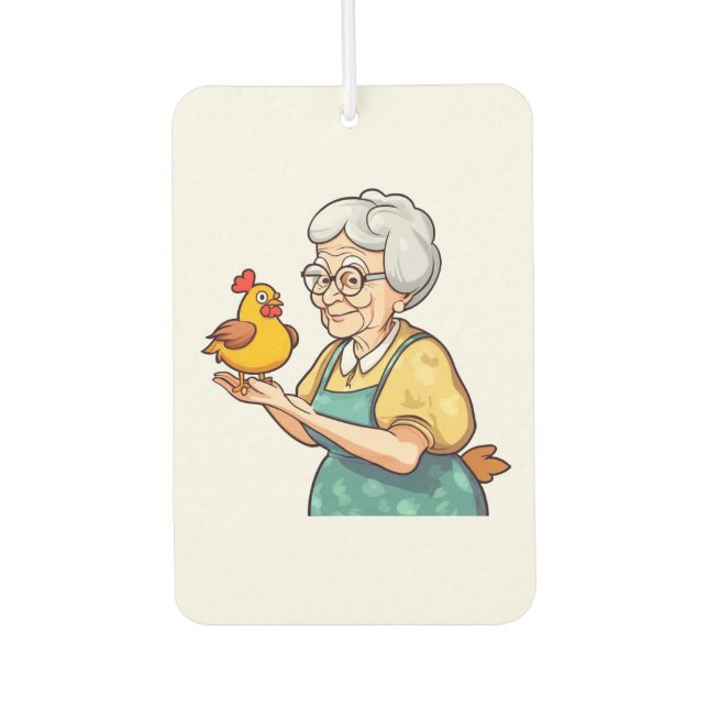 old lady and a chicken car air freshener (Front)