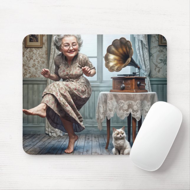 Old Lady Dancing to a Gramophone Mouse Pad (With Mouse)