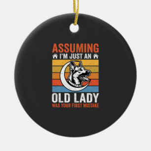 Old Lady Dog Warning Retro Ceramic Ornament