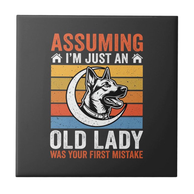 Old Lady Dog Warning Retro Ceramic Tile (Front)