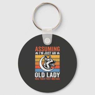 Old Lady Dog Warning Retro Key Ring