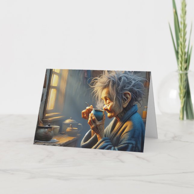 Old Lady Drinking Morning Coffee Card (Front)