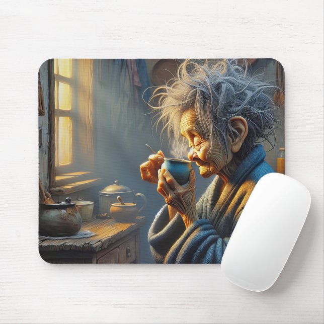 Old Lady Drinking Morning Coffee Mouse Pad (With Mouse)