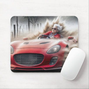 Old Lady Driving a Red Sports Car Mouse Pad